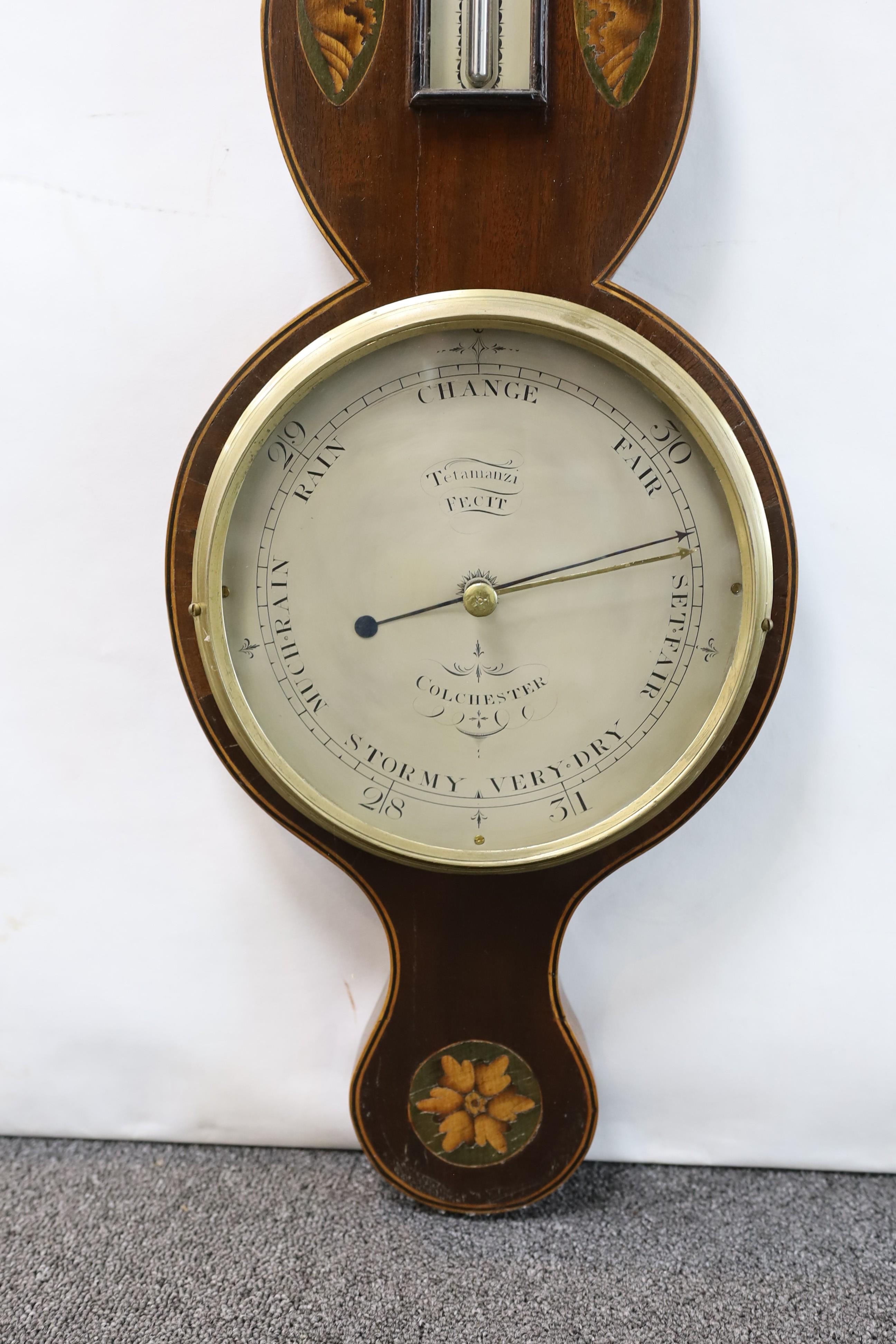 A George III inlaid mahogany wheel barometer, marked Tetamanzi, Colchester, height 99cm